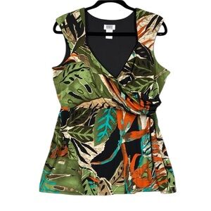 Monroe & Main Tropical Crossover Tank Blouse Y2K Sz L Leaf Print